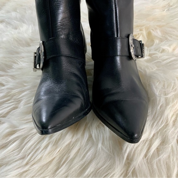 ZARA Cowboy Buckle Black Leather Pointed Toe Slip On Heel Boots Sz 7.5US - Picture 7 of 15